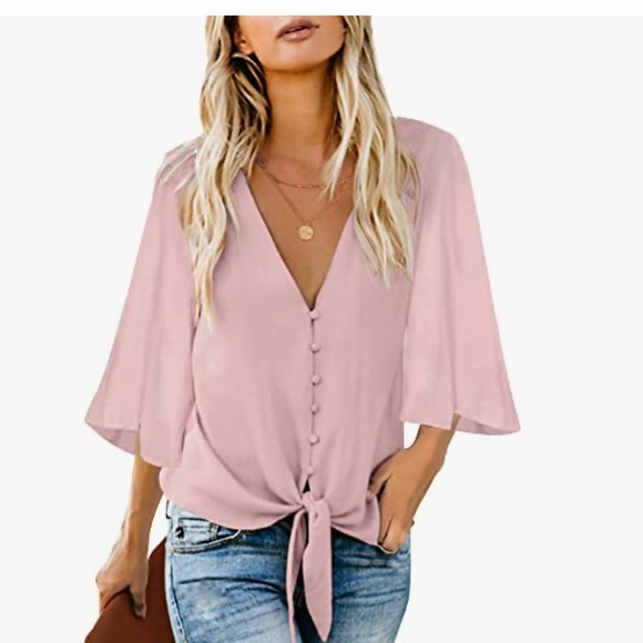 Tops - Pink Button-Front Tie Blouse